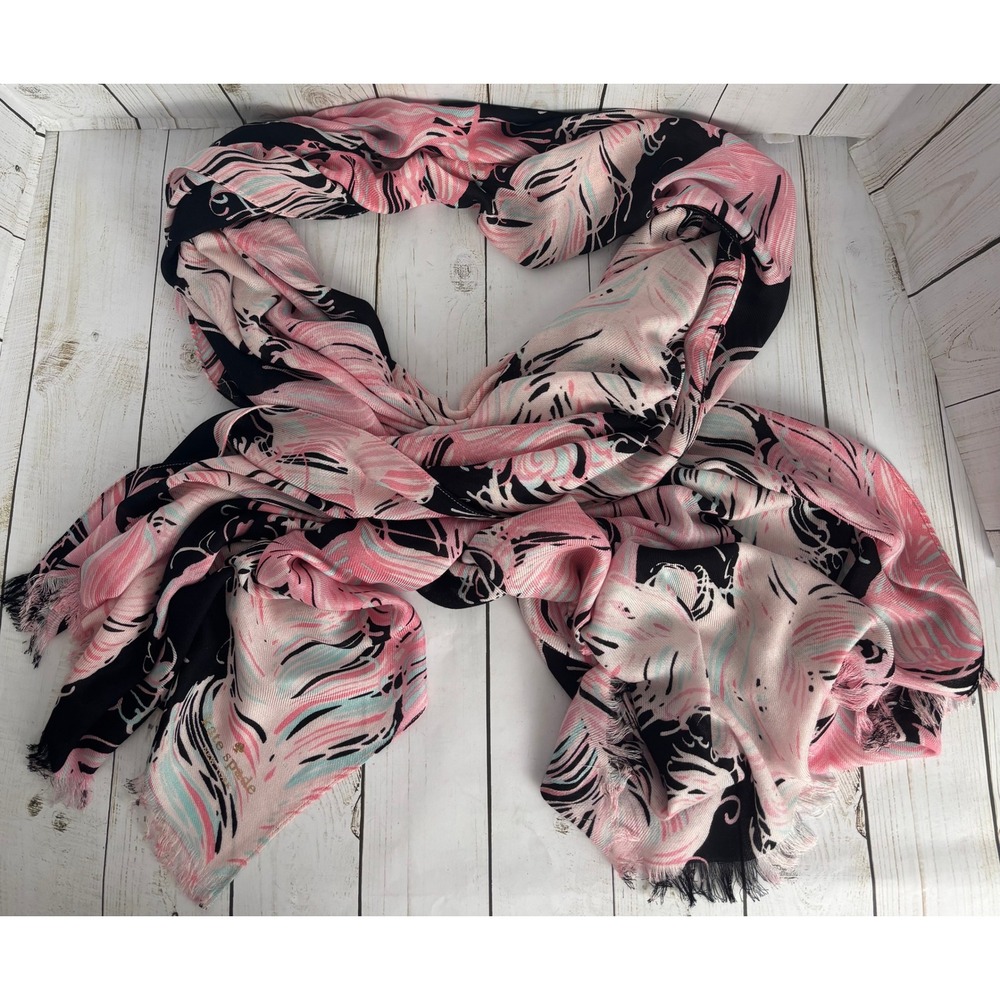 Kate Spade NY Regal Plumes Feather Scarf Pink Black Eyelash Fringe 2435